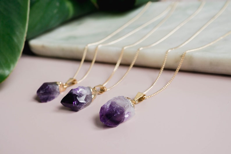 Raw Amethyst Necklace, Gold Crystal Necklace, Raw Stone Necklace, Minimalist Boho Necklace, Amethyst Jewelry, Purple Gemstone Pendant image 2