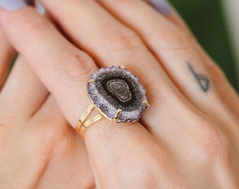 Agate Stalactite with Amethyst Ring, Gold Crystal Ring for Her, Adjustable Ring with Stone, Natural Gemstone Ring, Delicate Stone Ring