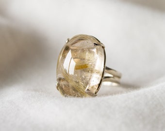 Rutilated Quartz Ring, Sterling Silver Ring, Adjustable Crystal Ring for her, Natural Stone Ring Quartz Jewelry