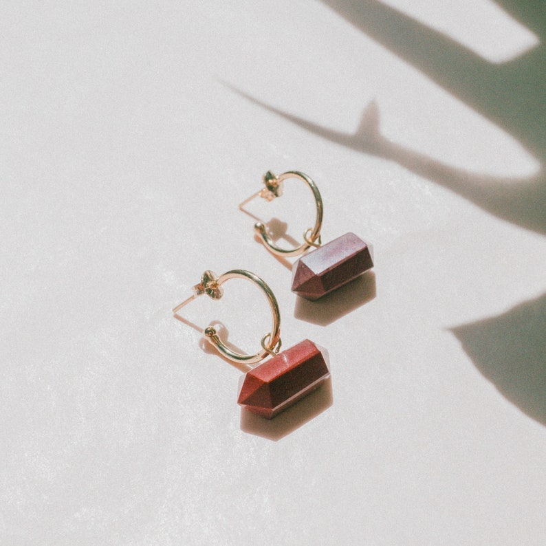 Crystal Hoop Earrings, Red Jasper Earrings for Her, Gemstone Earrings, Crystal Hoops, Gold Earrings with Stone Jewelry image 1