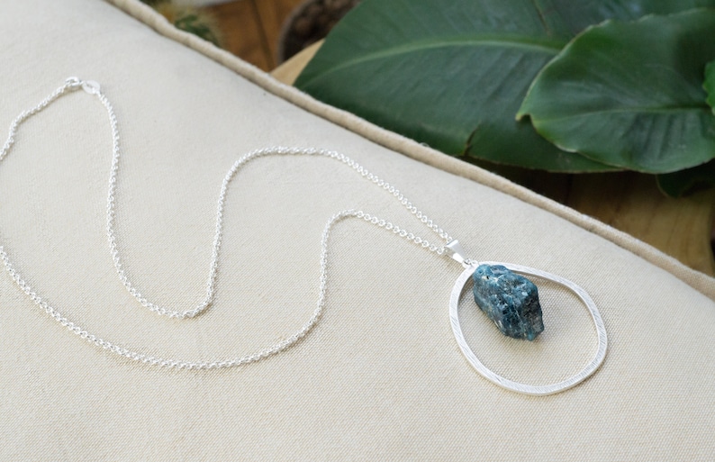 Blue Apatite Silver Necklace Bohemian Jewelry Healing Crystal Boho Chic Raw Gemstone Necklace Unisex