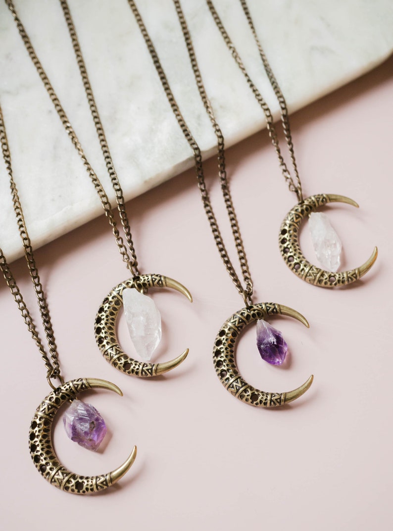 Half Moon Necklace with Stone, Witchy Pendant Necklace, Amethyst or Quartz Women Gemstone Necklace image 5