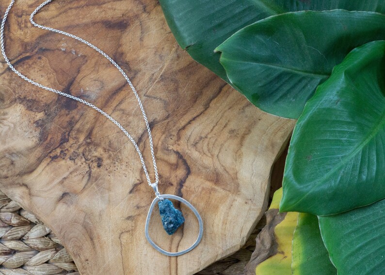 Blue Apatite Silver Necklace Bohemian Jewelry Healing Crystal Boho Chic Raw Gemstone Necklace Unisex
