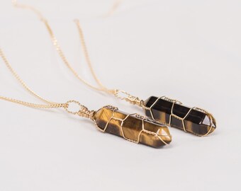 Tigers Eye Crystal Necklace, Healing Crystals and Stones Pendant, Wire Wrapped Crystal Necklace Tigers Eye Necklace, Brown Crystal