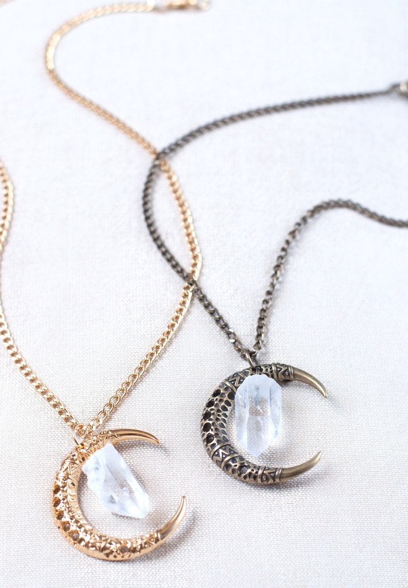 Half Moon Quartz Necklace, Clear Quartz Pendant, Boho Jewelry Gift for Women, Crystal Moon Necklace image 3