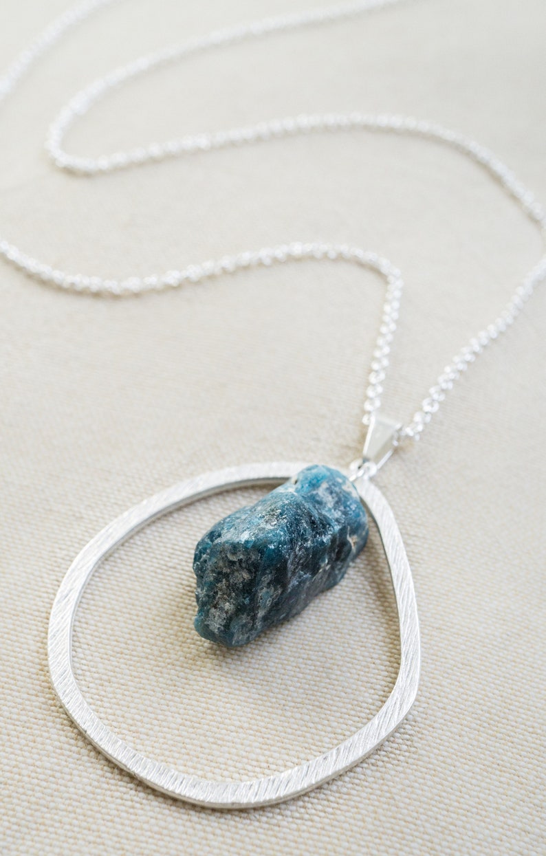 Blue Apatite Silver Necklace Bohemian Jewelry Healing Crystal Boho Chic Raw Gemstone Necklace Unisex