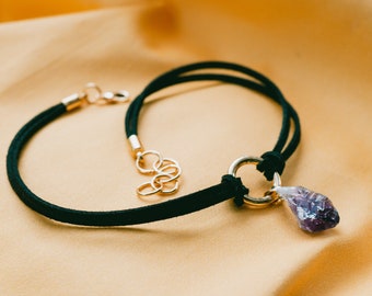 Amethyst Choker Necklace, Witchy Purple Crystal Jewelry, Raw Stone Pendant, Black Layering Choker, Boho Style