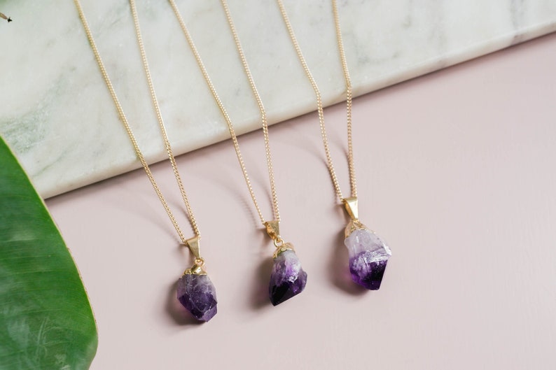 Raw Amethyst Necklace, Gold Crystal Necklace, Raw Stone Necklace, Minimalist Boho Necklace, Amethyst Jewelry, Purple Gemstone Pendant image 1