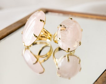 Bague Quartz Rose Or, Bague en Pierre pour femmes, Bague Réglable Gemme Taillée pour Elle