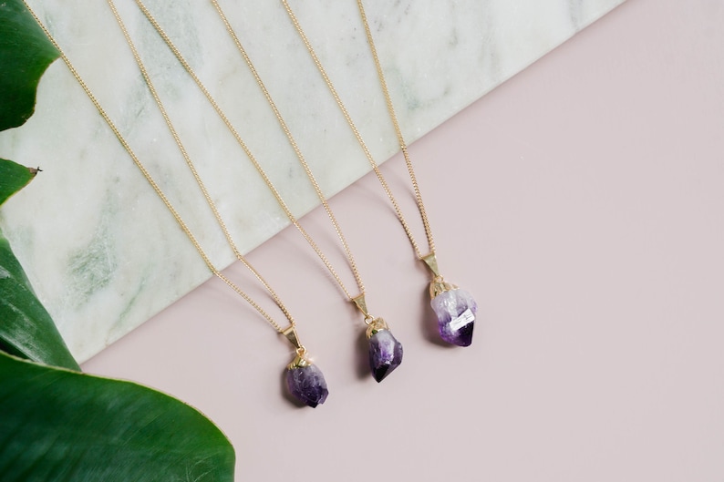 Raw Amethyst Necklace, Gold Crystal Necklace, Raw Stone Necklace, Minimalist Boho Necklace, Amethyst Jewelry, Purple Gemstone Pendant image 6