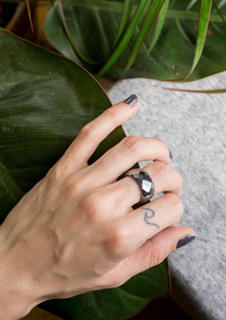 Hematite Stone Ring Stackable Ring Silver Crystal Jewelry for Her Polished Stone Band Ring Stacking Ring