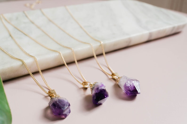Raw Amethyst Necklace, Gold Crystal Necklace, Raw Stone Necklace, Minimalist Boho Necklace, Amethyst Jewelry, Purple Gemstone Pendant image 4