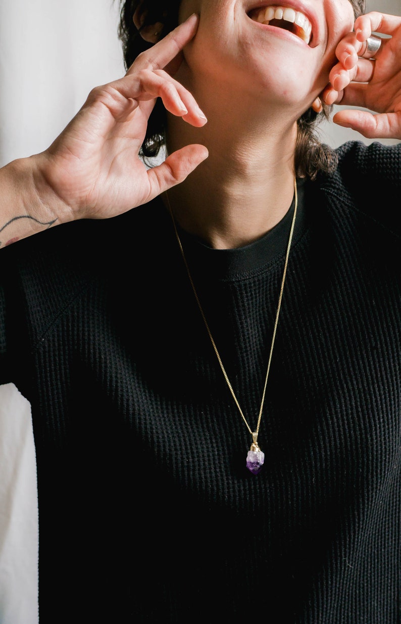 Raw Amethyst Necklace, Gold Crystal Necklace, Raw Stone Necklace, Minimalist Boho Necklace, Amethyst Jewelry, Purple Gemstone Pendant image 5