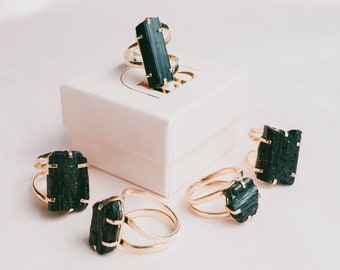 Black Tourmaline Ring, Adjustable Ring, Raw Crystal Ring, Raw Tourmaline Jewelry Gold Ring with Stone,