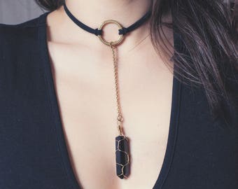 Black Obsidian Necklace Gemstone Jewelry, Long Crystal Choker, Gold O Ring Choker Stone Obsidian Pendant, Black Crystal Point Pendant