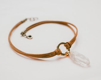 Brown Crystal Choker Necklace, Clear Quartz Choker, Healing Crystal Necklace Chakra Jewelry, Boho Choker with Stone