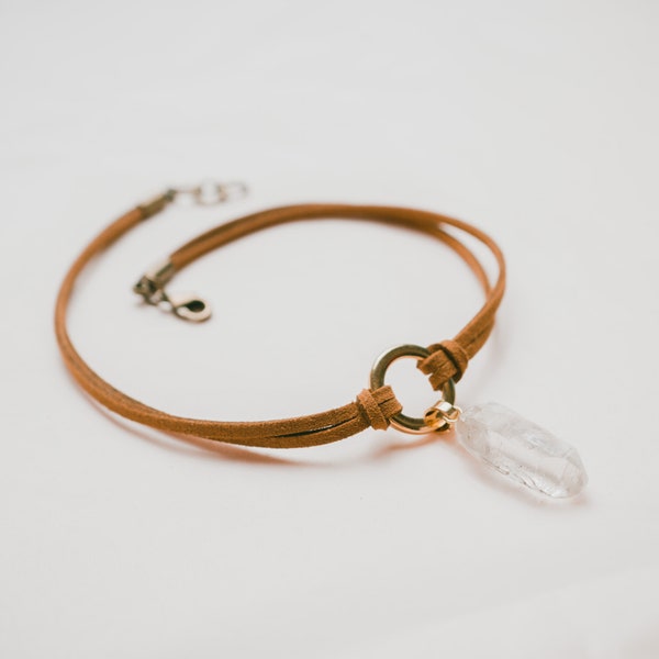 Collier Ras du Cou Marron Cristal de Roche Brut, Bijoux Femme avec Pierre Quartz Clair, Collier Végan