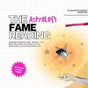May include: A graphic for an astrology reading, featuring the title "The Fame Reading" in black. The image includes a star with an eye, a hand, and text that reads "Understanding how, where, and why you seek to shine in the spotlight & gain recognition."