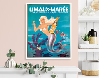 Mermaid art deco French vintage advertising, boho decor, giclee canvas, bathroom, kitchen, bar wall art
