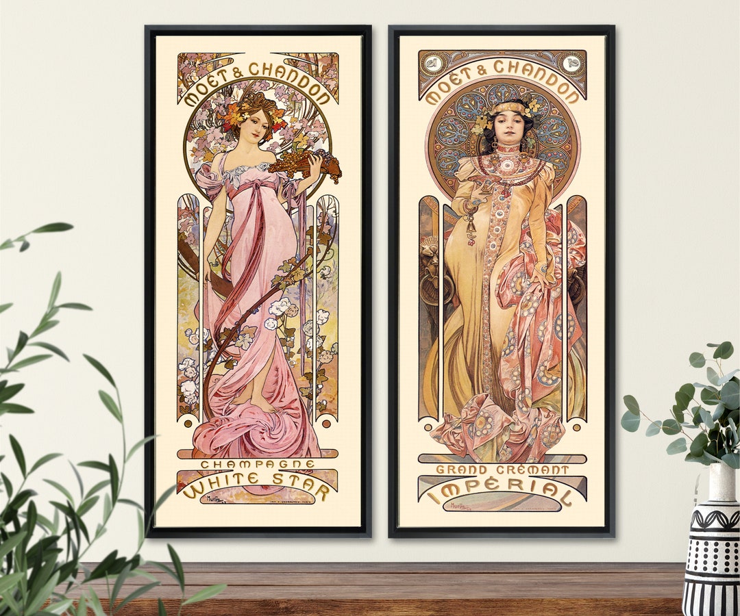 Art Nouveau Mucha Set of 2 French Moet Champagne Advertising, Kitchen ...