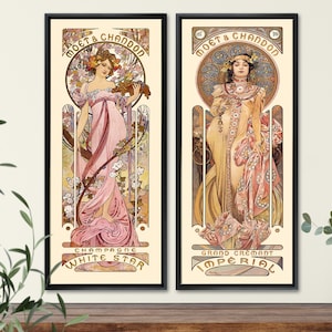 Art Nouveau Mucha set of 2 French Moet champagne advertising, kitchen, bathroom, bedroom, cafe restaurant décor, housewarming gift