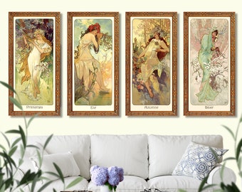 Art Nouveau Mucha &quot;Four seasons&quot; set of 4 giclees art prints, housewarming gift, bathroom, bedroom, cafe restaurant décor