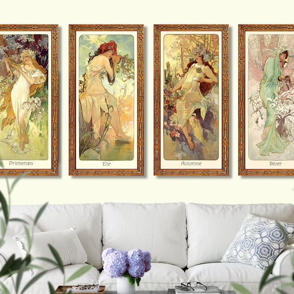 Art Nouveau Mucha "Vier Jahreszeiten" 4er Set Giclees Kunstdrucke, Einweihungsgeschenk, Badezimmer, Schlafzimmer, Café Restaurant Dekor