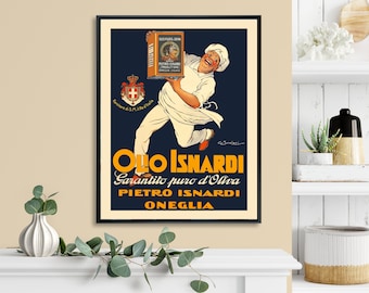 Italian food Olio Isnardi olive oil cook chef kitchen decor, Italy vintage advertising giclee canvas poster, wall art, bar decor