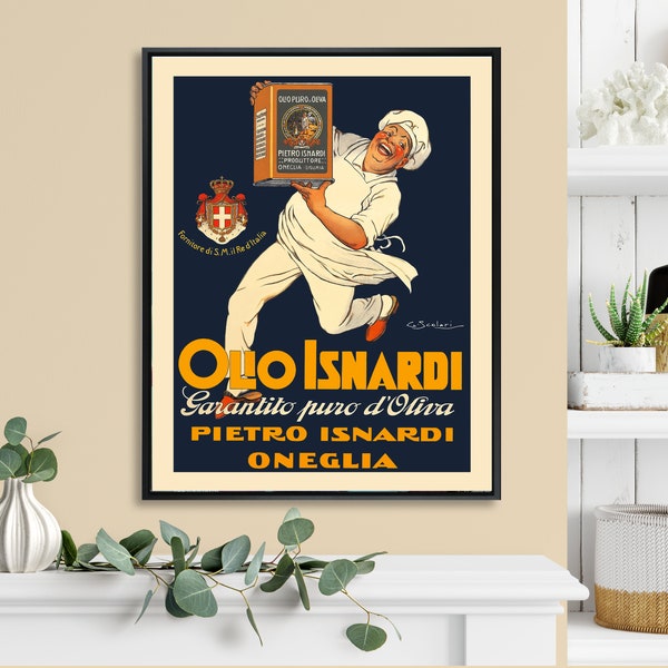 Italian food Olio Isnardi olive oil cook chef kitchen decor, Italy vintage advertising giclee canvas poster, wall art, bar decor