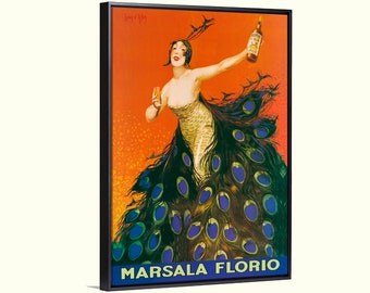 Peacock Italian drink Art deco vintage ad, Marsala poster by L. Cappiello, bar wall art, kitchen, bar, french decor
