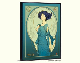 Puede incluir: Una lámina artística enmarcada con una ilustración estilizada de una figura de cabello azul oscuro con un vestido fluido de color verde azulado. El fondo incluye un motivo circular con siluetas de peces, el signo zodiacal Piscis y el texto PISCES.
