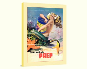 Mermaid Italian Vintage Advertising "Prep", boho decor Giclee on Canvas, bathroom wall art, housewarming gift