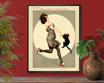 Women dancing with cat Cheri Herouard La Vie Parisienne French vintage magazine sexy bathroom decor, bar decor, cat poster