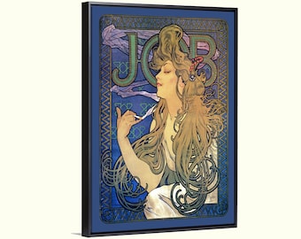 May include: A vintage art nouveau poster featuring a woman with long flowing hair, holding a cigarette. The poster is in shades of blue, green, and gold, with the word "JOB" in large letters at the top.