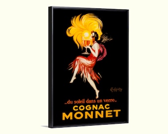Puede incluir: Un anuncio vintage de Cognac Monnet con una mujer con un vestido rojo y un tocado de plumas amarillas sosteniendo una copa de coñac. El texto dice "...du soleil dans un verre... COGNAC MONNET".