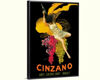 Puede incluir: Anuncio publicitario vintage para el vino espumoso Cinzano Dry, Extra Dry, Brut. Una mujer con un vestido blanco sostiene una botella de vino y se sienta sobre un racimo de uvas sobre un fondo negro.