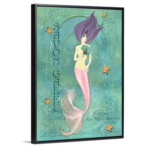 Mermaid art deco original art French vintage advertising, boho decor, giclee canvas art, bathroom, kitchen