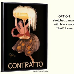 May include: A vintage poster advertising Contratto, a sparkling wine. The poster features a woman holding a large glass of champagne, with the word "CONTRATTO" printed in large letters at the bottom.