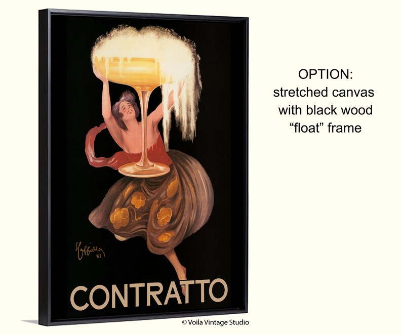 May include: A vintage poster advertising Contratto, a sparkling wine. The poster features a woman holding a large glass of champagne, with the word "CONTRATTO" printed in large letters at the bottom.