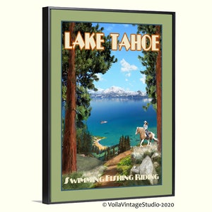 Lake Tahoe California vintage travel poster ad giclee on canvas, boho wall art decor,
