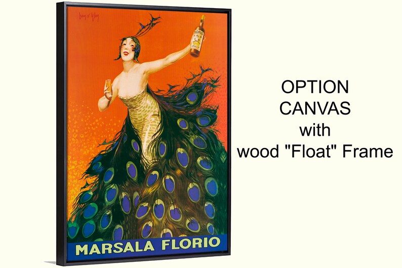 Peacock Italian drink Art deco vintage ad, Marsala poster by L. Cappiello, bar wall art, kitchen, bar, french decor add a float frame