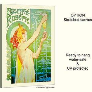 Pode incluir: P&ocirc;ster vintage em estilo art nouveau que anuncia Absinthe Robette, com uma mulher vestida de branco segurando uma ta&ccedil;a de absinto. O p&ocirc;ster tem uma combina&ccedil;&atilde;o de cores verde e amarelo com linhas onduladas e motivos florais.