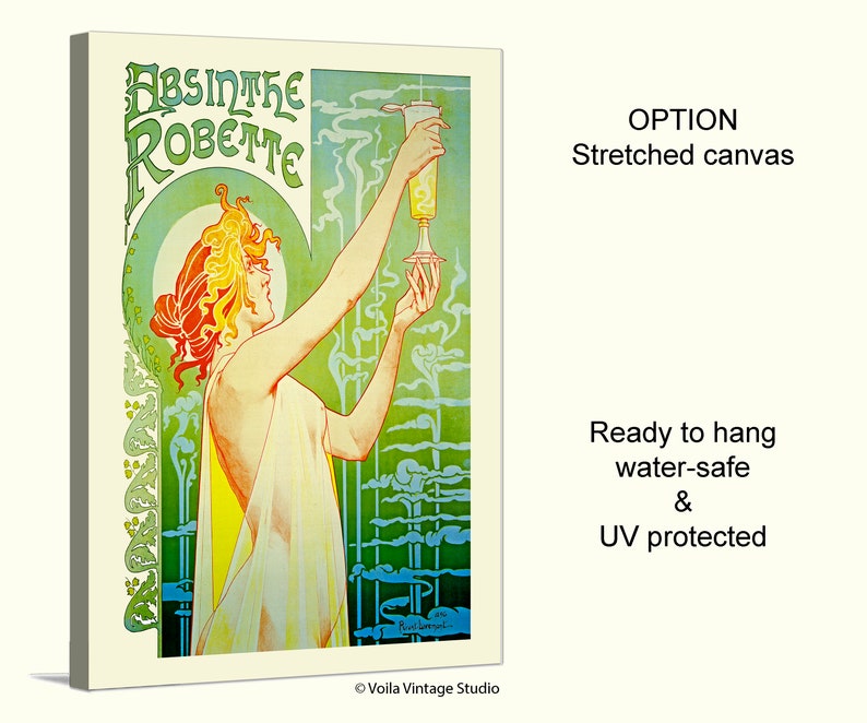 Pode incluir: P&ocirc;ster vintage em estilo art nouveau que anuncia Absinthe Robette, com uma mulher vestida de branco segurando uma ta&ccedil;a de absinto. O p&ocirc;ster tem uma combina&ccedil;&atilde;o de cores verde e amarelo com linhas onduladas e motivos florais.