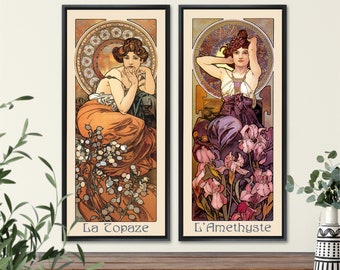 Art Nouveau Mucha set van 2 decoratieve panelen &quot;Amethyste & Topaze&quot;, keuken, badkamer, slaapkamer, café-restaurantinrichting, housewarmingcadeau