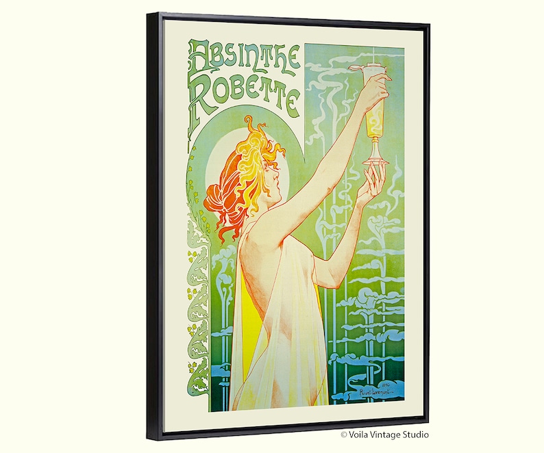 Pode incluir: Um cartaz vintage que anuncia Absinthe Robette, com uma mulher vestida de branco segurando uma ta&ccedil;a de absinto. O cartaz tem uma combina&ccedil;&atilde;o de cores verde e amarelo com um design em espiral.