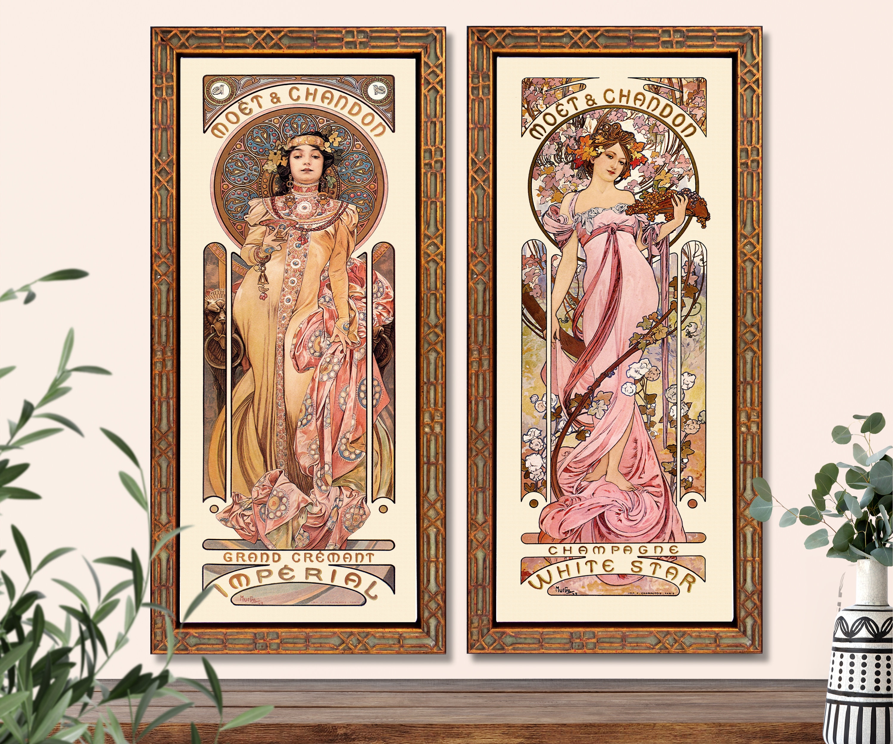Art Nouveau Mucha Set of 2 French Moet Champagne Advertising
