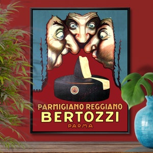 Cartel publicitario de queso italiano vintage "Parmigiano Bertozzi", lienzo giclée, decoración ecléctica bohemia, decoración de pared de cocina