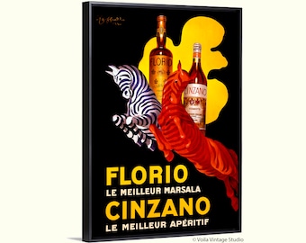 May include: Vintage advertisement featuring two zebras, one black and white and one orange and black, with bottles of Florio Marsala and Cinzano Vermouth. The text reads "Florio Le Meilleur Marsala Cinzano Le Meilleur Aperitif".