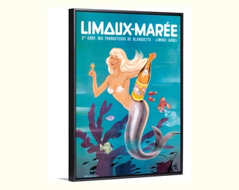 Mermaid art deco French vintage advertising, boho decor, giclee canvas art, bathroom, kitchen, bar wall art