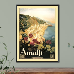 Amalfi Italy Vintage Travel Poster giclee canvas, Amalfi Coast, décor, housewarming gift Idea, kitchen decor, beach house wall art,